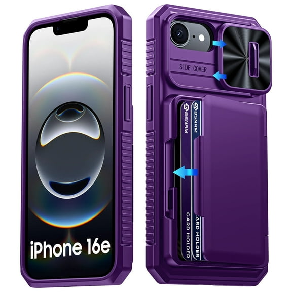 Oupeigar for iPhone 16 E/17E Phone Case with [Cards Holder][RFID Blocking][Camera Cover]Rugged Shockproof Silicone Protective Case-Purple