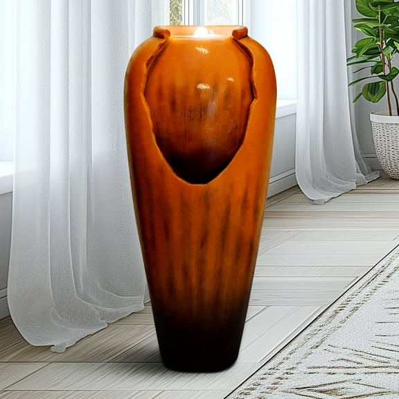 ourrco 30.7" H Concrete Jar Water Fountain Outdoor Garden Cascading Water Fountain Vase Waterfall Feature w/Electric Pump and LED Light for Indoor Outdoor Home Decor, Orange