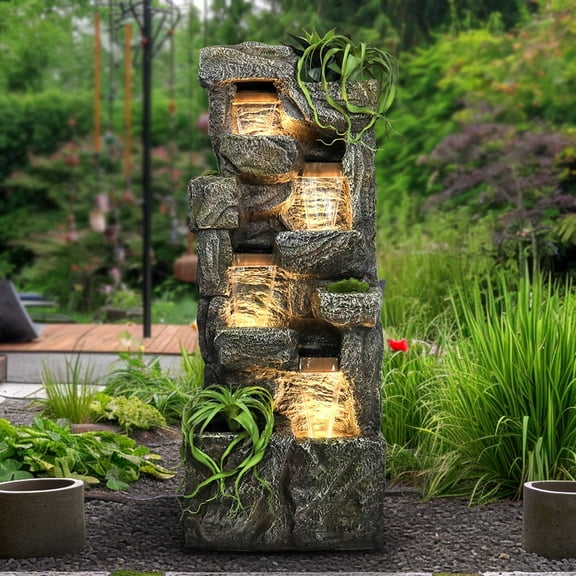 ourrco 55.5"H Lagre Outdoor Water Fountains Garden Decor Concrete - Plantable plants