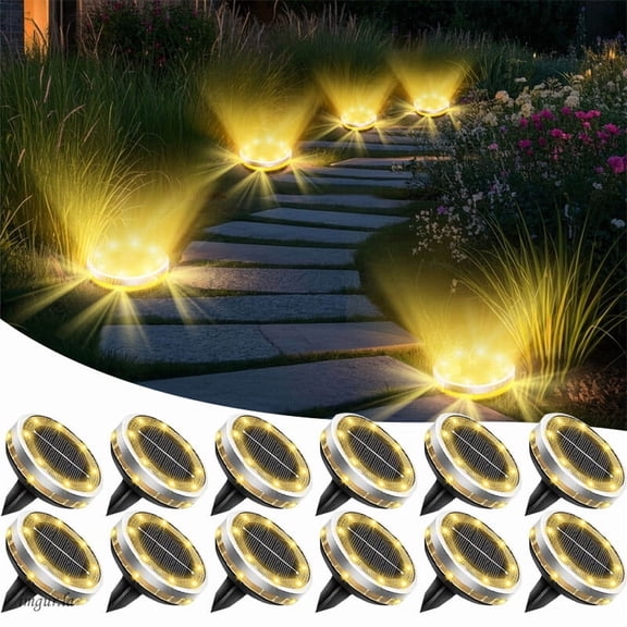 outdoor 12-Piece Waterproof Solar Ground Lights, Upgraded Four-Sided Glow Solar Garden Lights, Stainless Steel Solar Disc Landscape Lights for Walkways/Paths/Lawn/Courtyard/Patio/Deck/Valentine's Day