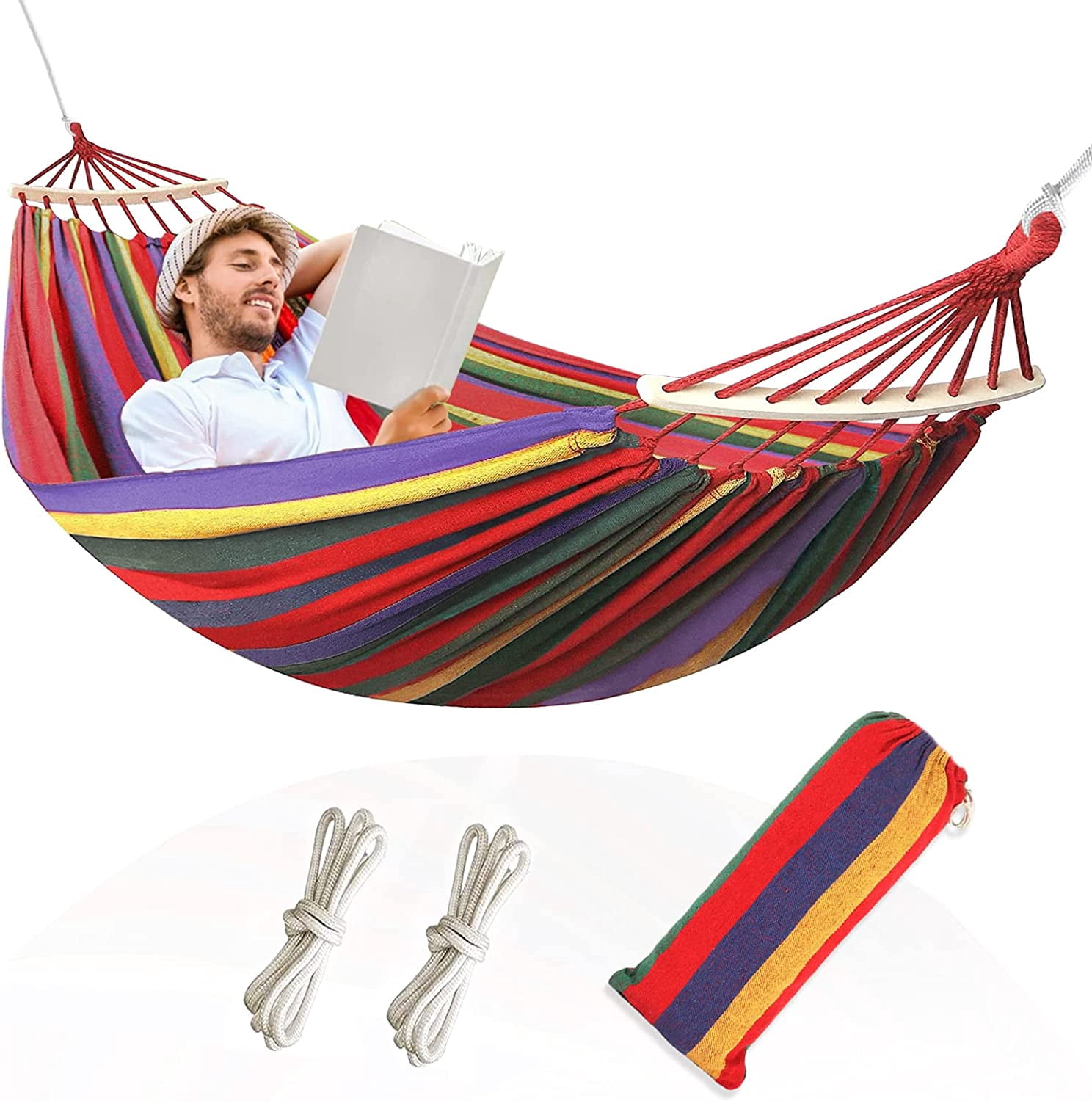outdoor camping hammock, 260 x 150 cm, portable outdoor double hammock with sturdy wooden baton, extra large canvas hammock for camping, beach, travel, garden, maximum load 204 kg
