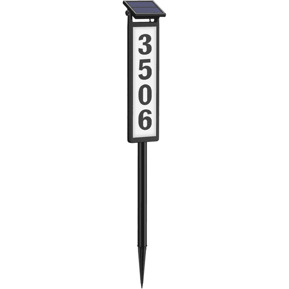 An outdoor lighting house number light, solar address sign, dual light source ground plug design, outdoor alphanumeric light, road sign indicator light,