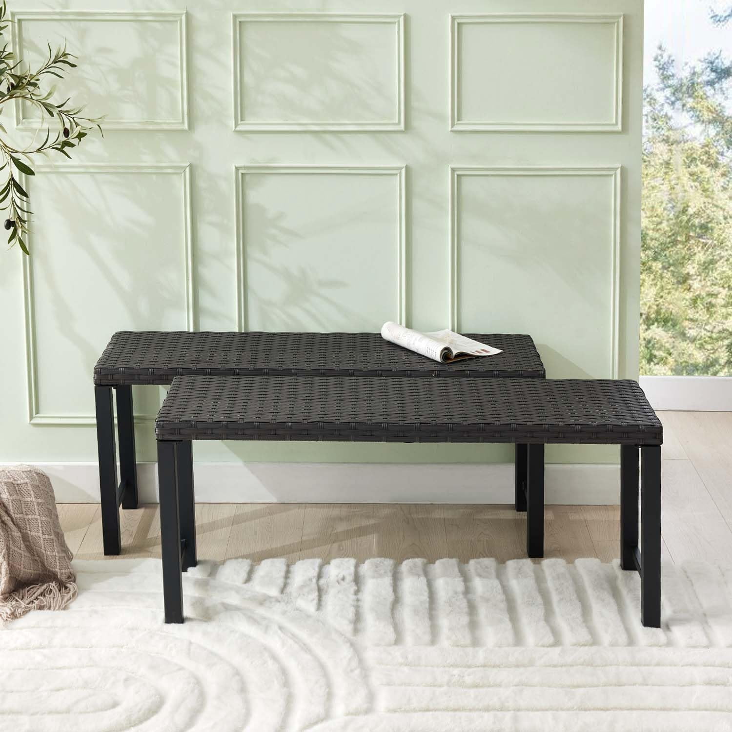 outdoor rattan backless bench, set of 2, weatherproof patio bench with ...