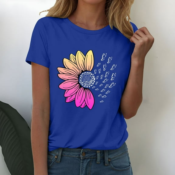 outfmvch Sunflower Shirts for Women,Shirts for Women,Sunflower Butterfly Printed Shirt,Short Sleeve Shirts for Women,Graphic T-shirt,Workout T Shirts Plus Size Tops Trendy Clothes 2025 Spring Tee