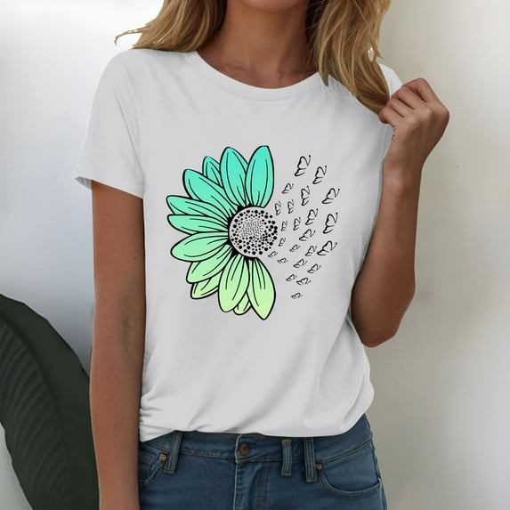 outfmvch Sunflower Shirts for Women,Shirts for Women,Sunflower Butterfly Printed Shirt,Short Sleeve Shirts for Women,Graphic T-shirt,Workout T Shirts Plus Size Tops Trendy Clothes 2025 Spring Tee