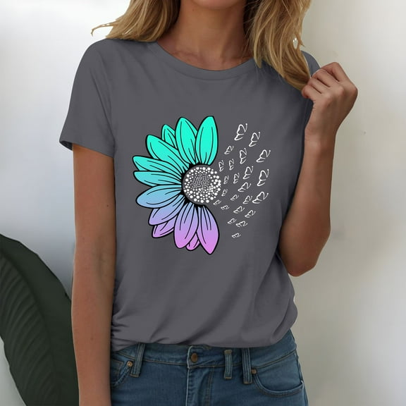 outfmvch Sunflower Shirts for Women,Shirts for Women,Sunflower Butterfly Printed Shirt,Short Sleeve Shirts for Women,Graphic T-shirt,Workout T Shirts Plus Size Tops Trendy Clothes 2025 Spring Tee