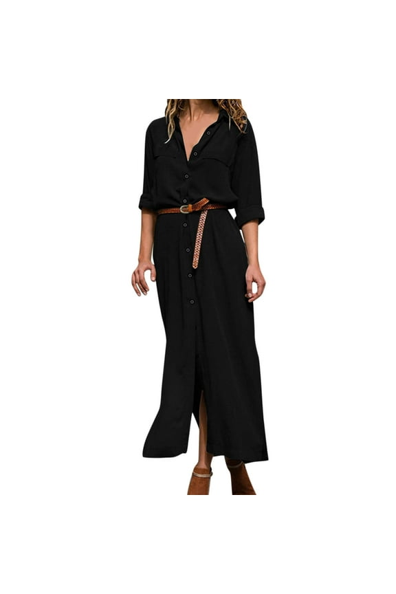 black dresses for women long dresses for women button long shirt dress long sleeve lapel long dress black dress black l