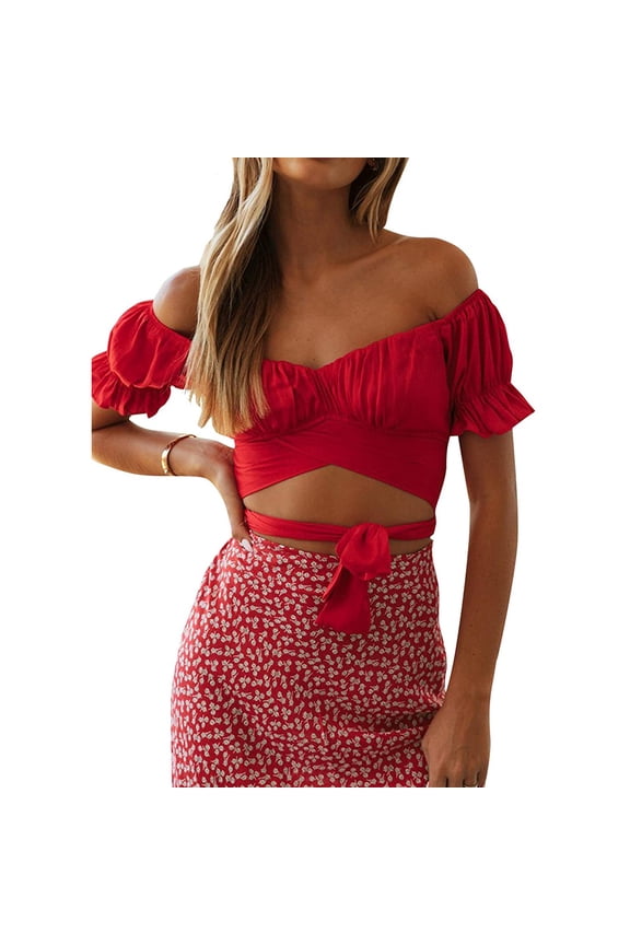 crop tops for women ruffle short sleeve tie up back crop off shoulder womens tops crop tops red