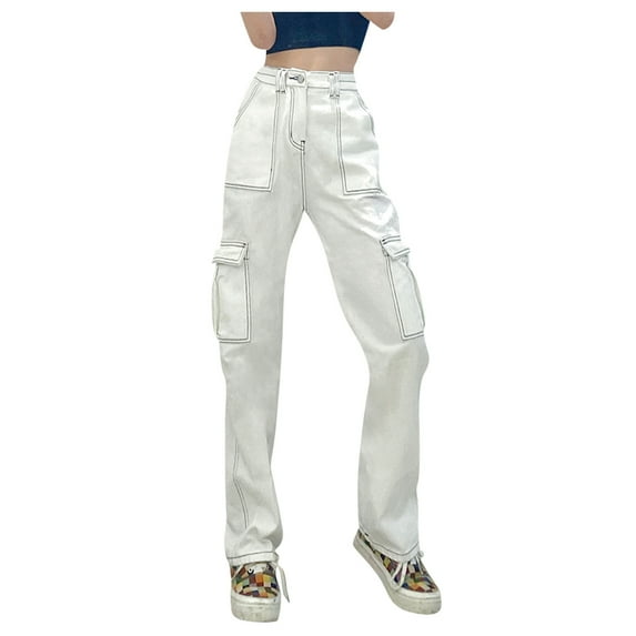 outfmvch jeans for women button high waist patchwork pocket elastic jeans slim denim pants for women cargo pants