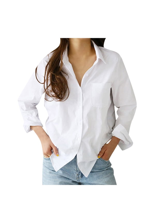 long sleeve shirts for women fashion long sleeve solid turn-down collar casual button shirts womens tops white