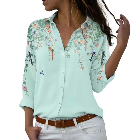 outfmvch long sleeve shirts for women floral print button down shirts roll up sleeve collared casual work s womens tops green