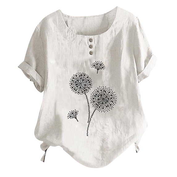 outfmvch long sleeve shirts for women summer button cotton and linen dandelion print short sleeve t shirt womens tops white