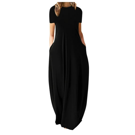 outfmvch plus size summer dresses black dress plus size solid color o-neck short sleeve long skirt dress womens dresses black xl
