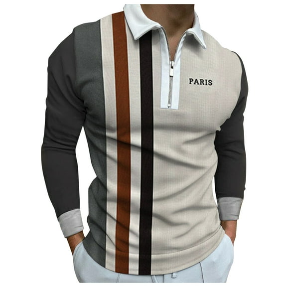 outfmvch polo shirts for men casual zipper turn-down collar solid long sleeve polos shirt womens tops brown