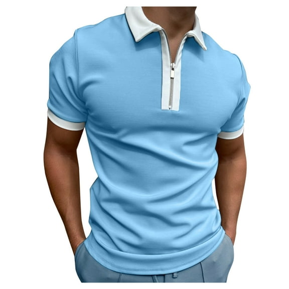 outfmvch polo shirts for men shirt sleeve turn down zipper collar splice solid polos casual womens tops blue