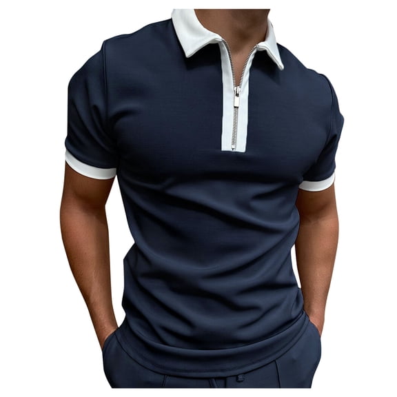 outfmvch polo shirts for men shirt sleeve turn down zipper collar splice solid polos casual womens tops dark blue