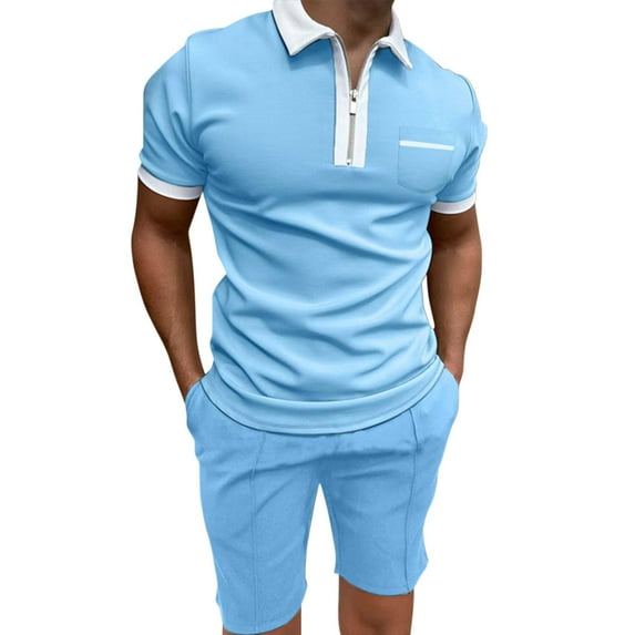 outfmvch t shirts for men male casual pocket two piece suit zipper collar suit drawstring pocket short set womens tops light blue