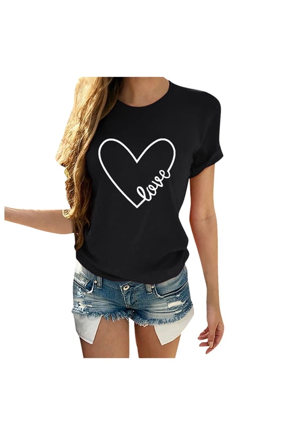 t shirts for women valentine's day casual short sleeve letter print heart-shaped womens tops black