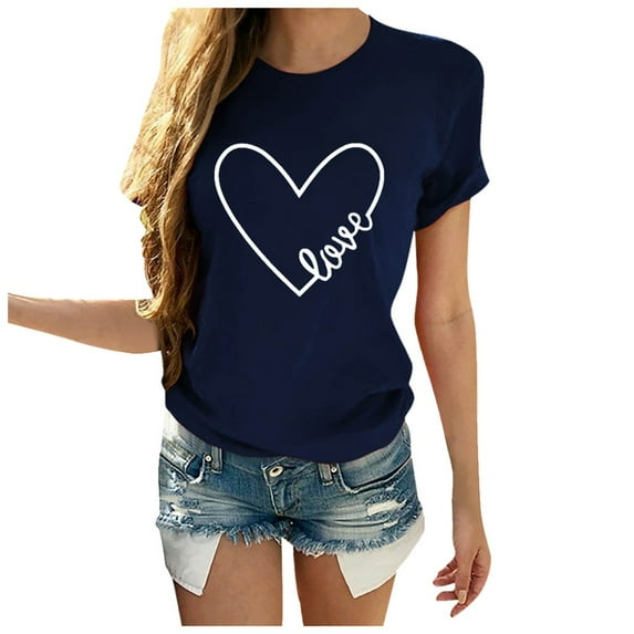 outfmvch t shirts for women valentine's day casual short sleeve letter print heart-shaped womens tops navy