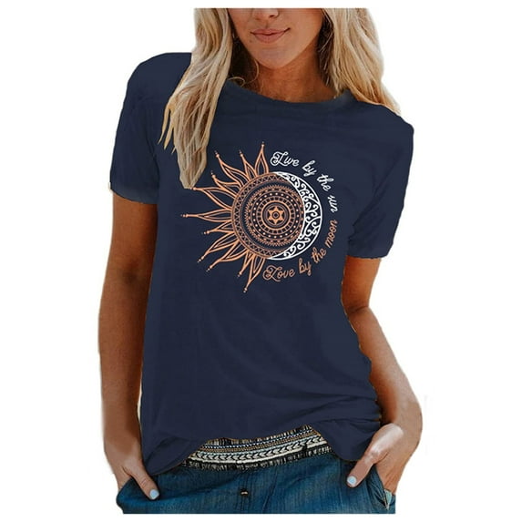 outfmvch t shirts for women vintage printed casual t-shirt short sleeve round neck womens tops shirts for women navy