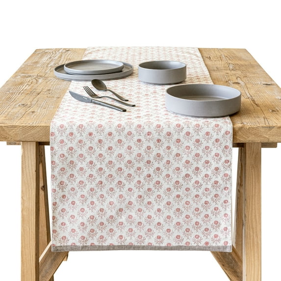 over&back 18x108 Hand-Blocked Printed Cotton Table Runner - Washable Table Runners for a Custom Home Decor Tablescape - Perfect for Coffee Table, Dinner Table, Living Room, and More - Pink Bloom