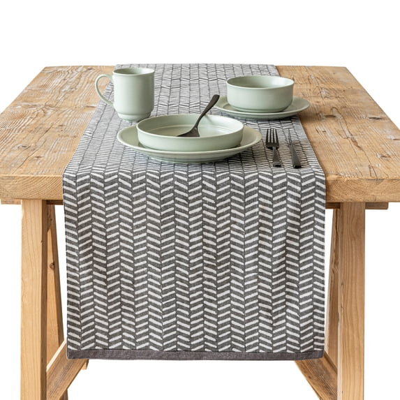 over&back 18x108 Hand-Blocked Printed Cotton Table Runner - Washable Table Runners for a Custom Home Decor Tablescape - Perfect for Coffee Table, Dinner Table, Living Room, and More-Grey Herringbone
