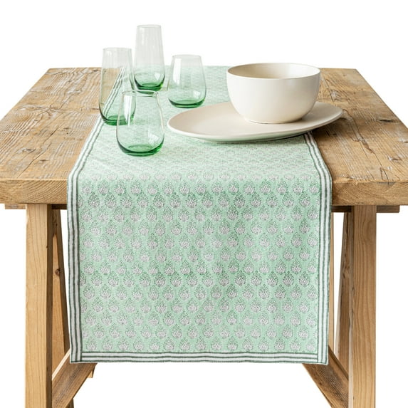 over&back 18x108 Hand-Blocked Printed Cotton Table Runner - Washable Table Runners for a Custom Home Decor Tablescape - Perfect for Coffee Table, Dinner Table, Living Room, and More - Green Leaf