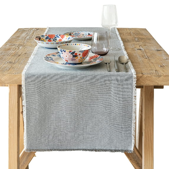 over&back 18x108 Woven Frayed Chambray Cotton Table Runner - Washable Table Runners for a Custom Home Decor Tablescape - Hand-Finished Frayed Edges - Coffee Table, Dinner Table, Living Room - Grey