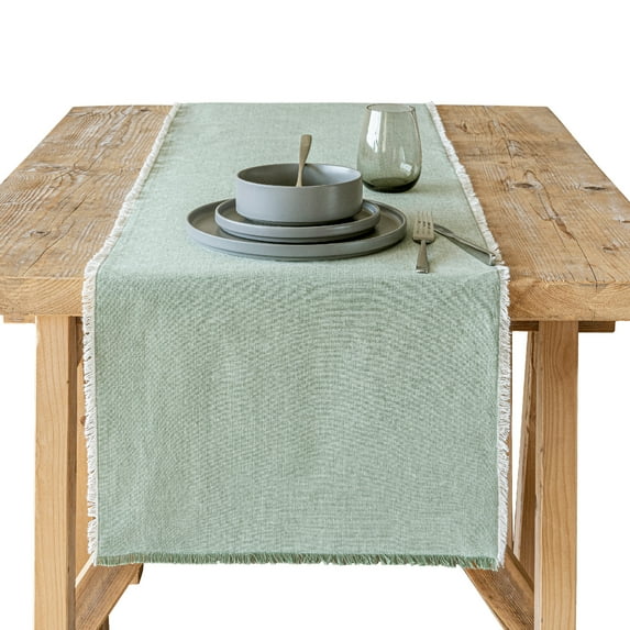 over&back 18x108 Woven Frayed Chambray Cotton Table Runner - Washable Table Runners for a Custom Home Decor Tablescape - Hand-Finished Frayed Edges - Coffee Table, Dinner Table, Living Room - Green