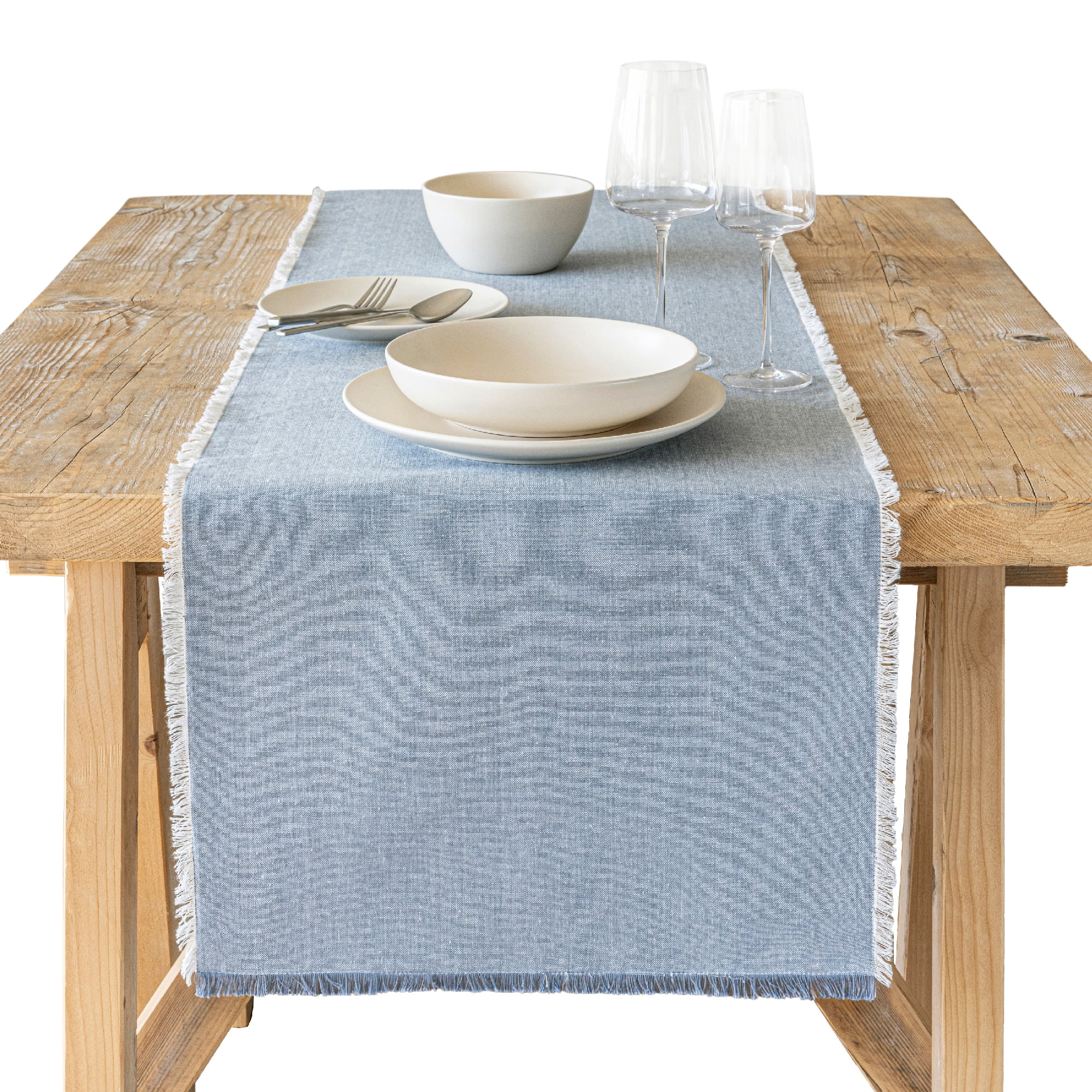 over&back 18x108 Woven Frayed Chambray Cotton Table Runner - Washable Table Runners for a Custom Home Decor Tablescape - Hand-Finished Frayed Edges - Coffee Table, Dinner Table, Living Room - Blue