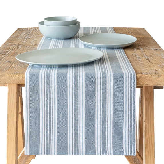 over&back 18x108 Woven Striped Table Runner - Washable Table Runners for a Custom Home Decor Tablescape - Coffee Table, Dinner Table, Living Room - Blue