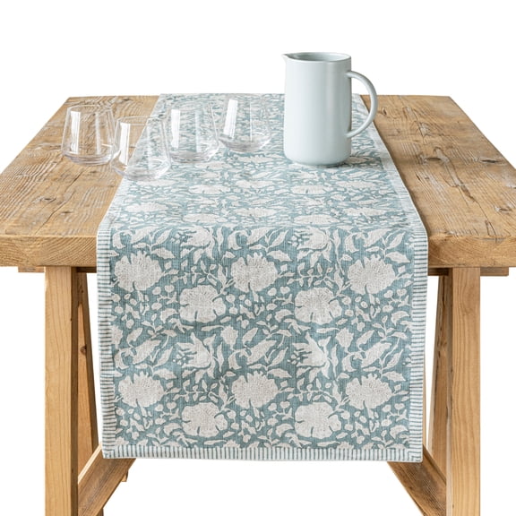 over&back 18x90 Hand-Blocked Printed Cotton Table Runner - Washable Table Runners for a Custom Home Decor Tablescape - Perfect for Coffee Table, Dinner Table, Living Room, and More - Blue Floral