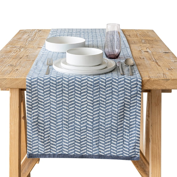 over&back 18x90 Hand-Blocked Printed Cotton Table Runner - Washable Table Runners for a Custom Home Decor Tablescape - Perfect for Coffee Table, Dinner Table, Living Room, and More - Blue Herringbone