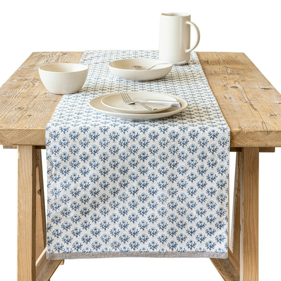 over&back 18x90 Hand-Blocked Printed Cotton Table Runner - Washable Table Runners for a Custom Home Decor Tablescape - Perfect for Coffee Table, Dinner Table, Living Room, and More - Blue Bloom