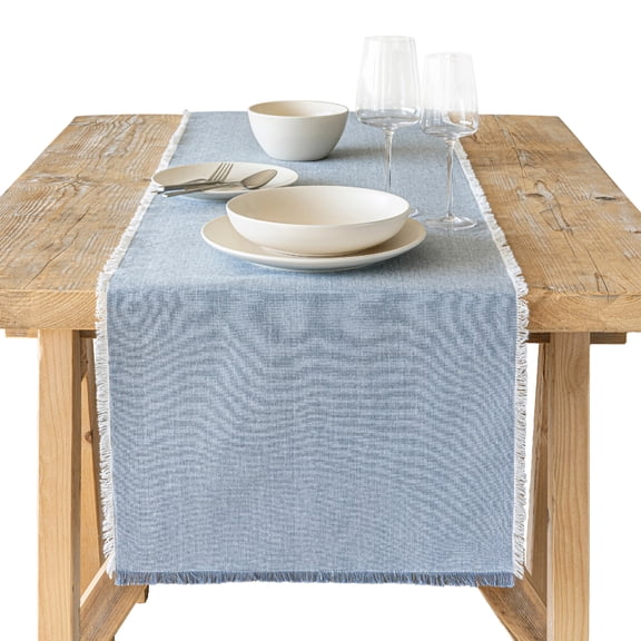 over&back 18x90 Woven Frayed Chambray Cotton Table Runner - Washable Table Runners for a Custom Home Decor Tablescape - Hand-Finished Frayed Edges - Coffee Table, Dinner Table, Living Room - Blue