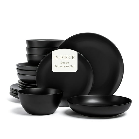 over&back Coupe Dinnerware Set - Stoneware Dishes - Comes with 4 Dinner Plates, 4 Salad Plates, 4 Cereal Bowls, and 4 Dinner Bowls - 16-Piece All-Occasion Place Settings - Semi-Matte Black