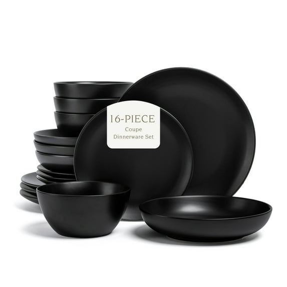 over&back Coupe Dinnerware Set - Stoneware Dishes - Comes with 4 Dinner Plates, 4 Salad Plates, 4 Cereal Bowls, and 4 Dinner Bowls - 16-Piece All-Occasion Place Settings - Semi-Matte Black