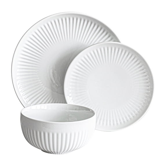 over&back Dinnerware Set - Porcelain Dish Set with Dinner Plates, Salad Plates, Cereal Bowls - 24-Piece All-Occasion Place Settings - Fluted | White