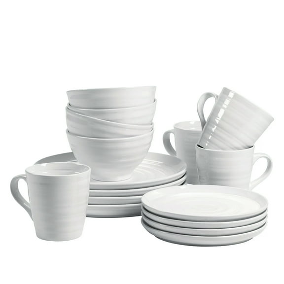 over&back Dinnerware Set - Stoneware Dish Set with Dinner Plates, Salad Plates, Soup Bowls, Mugs - 16-Piece All-Occasion Place Settings - Circles | White