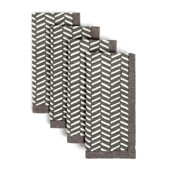 over&back Hand-Blocked Printed Cotton Cloth Napkins - Washable Napkins Set for Mixing, Matching, and Creating a Custom Home Decor Tablescape - Grey Herringbone