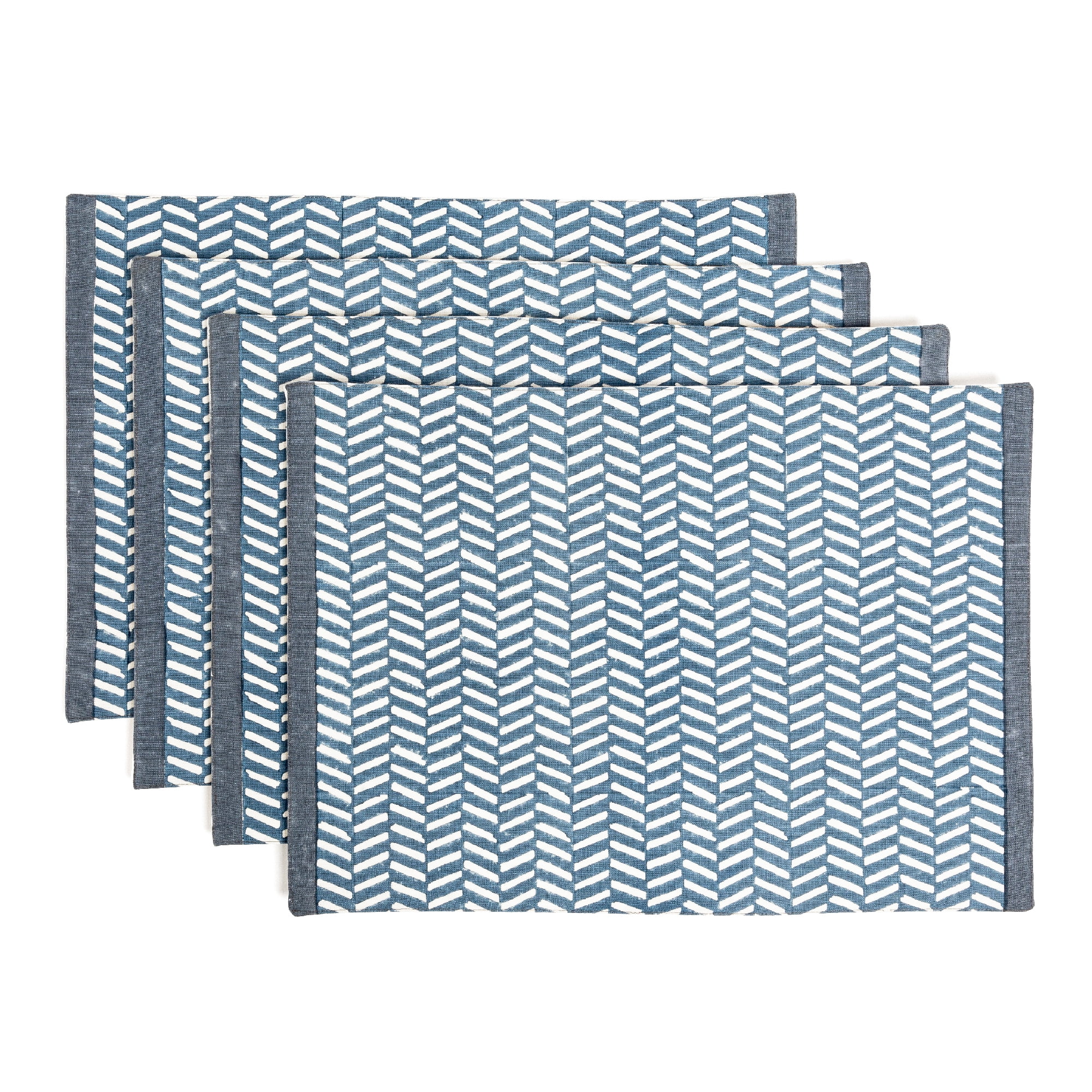 Blue Herringbone Cotton Hand-Blocked Placemats Set of 4