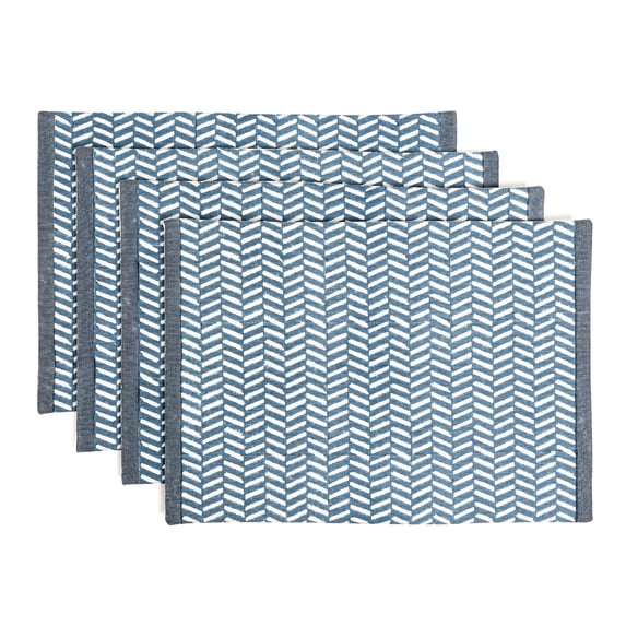 over&back Set of 4 Hand-Blocked Placemats - Colorful Dining Table Mat - Each Placemat is Unique - 100% Cotton - Machine Washable - Kitchen and Home Decor - Blue Herringbone