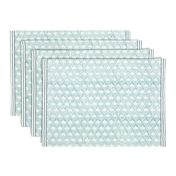 over&back Set of 4 Hand-Blocked Placemats - Colorful Dining Table Mat - Each Placemat is Unique - 100% Cotton - Machine Washable - Kitchen and Home Decor - Blue Leaf