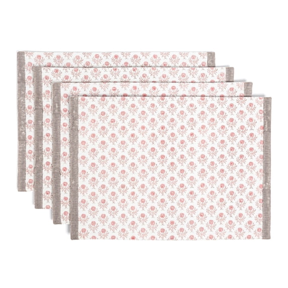 over&back Set of 4 Hand-Blocked Placemats - Colorful Dining Table Mat - Each Placemat is Unique - 100% Cotton - Machine Washable - Kitchen and Home Decor - Pink Blossom