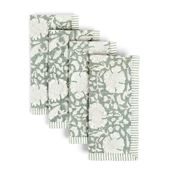 over&back Hand-Blocked Printed Cotton Cloth Napkins - Washable Napkins Set for Mixing, Matching, and Creating a Custom Home Decor Tablescape - Green Floral