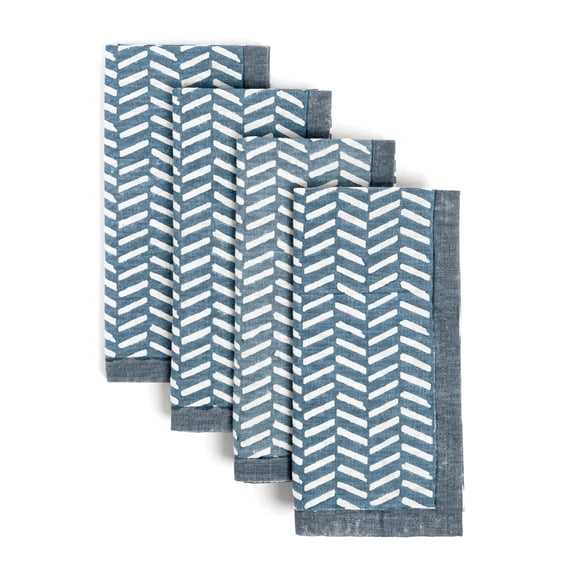 over&back Hand-Blocked Printed Cotton Cloth Napkins - Washable Napkins Set for Mixing, Matching, and Creating a Custom Home Decor Tablescape - Blue Herringbone