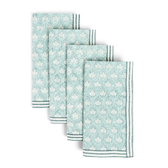 over&back Hand-Blocked Printed Cotton Cloth Napkins - Washable Napkins Set for Mixing, Matching, and Creating a Custom Home Decor Tablescape - Blue Leaf