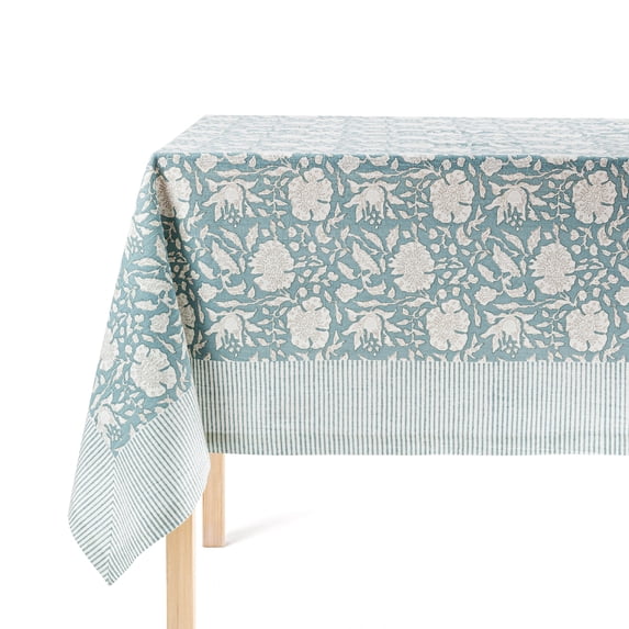 over&back Hand-Screened Tablecloth - Dining Table Cover - Each Tablecloth is Unique - 100% Cotton - Machine Washable - Kitchen and Home Decor - Blue Floral - 70x108