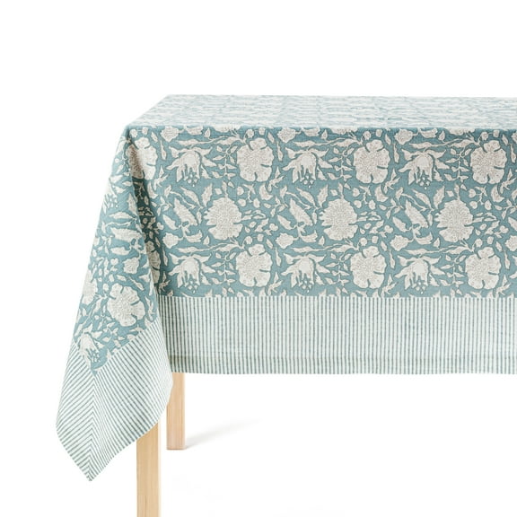 over&back Hand-Screened Tablecloth - Dining Table Cover - Each Tablecloth is Unique - 100% Cotton - Machine Washable - Kitchen and Home Decor - Blue Floral - 70x108