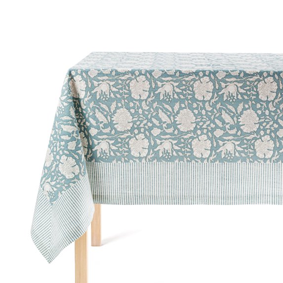 over&back Hand-Screened Tablecloth - Dining Table Cover - Each Tablecloth is Unique - 100% Cotton - Machine Washable - Kitchen and Home Decor - Blue Floral - 70x90
